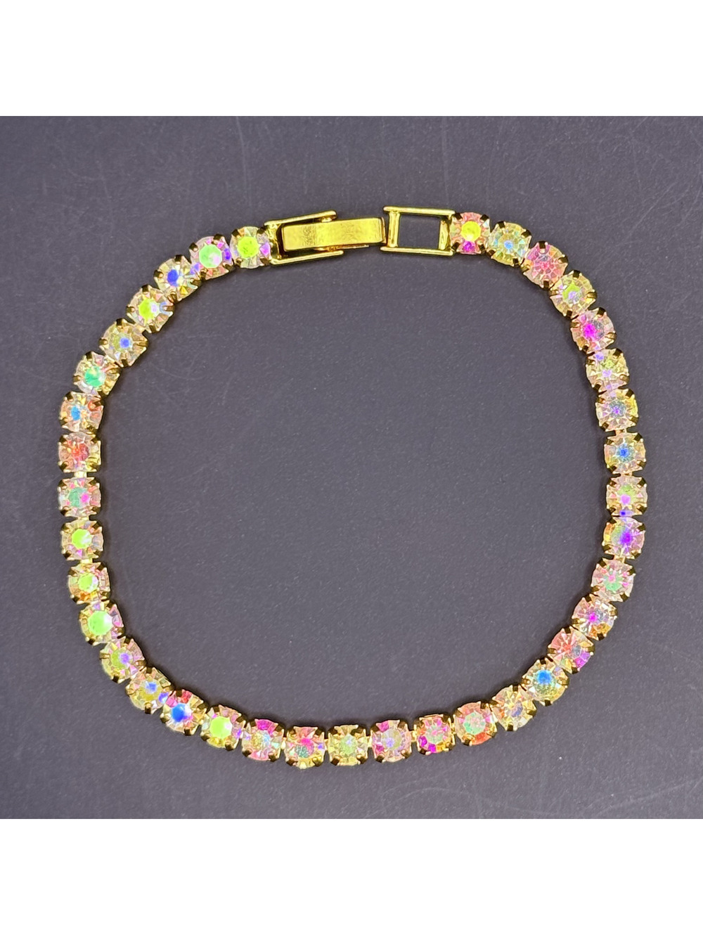 candy+clover iridescent AB crystal gold tone tennis bracelet